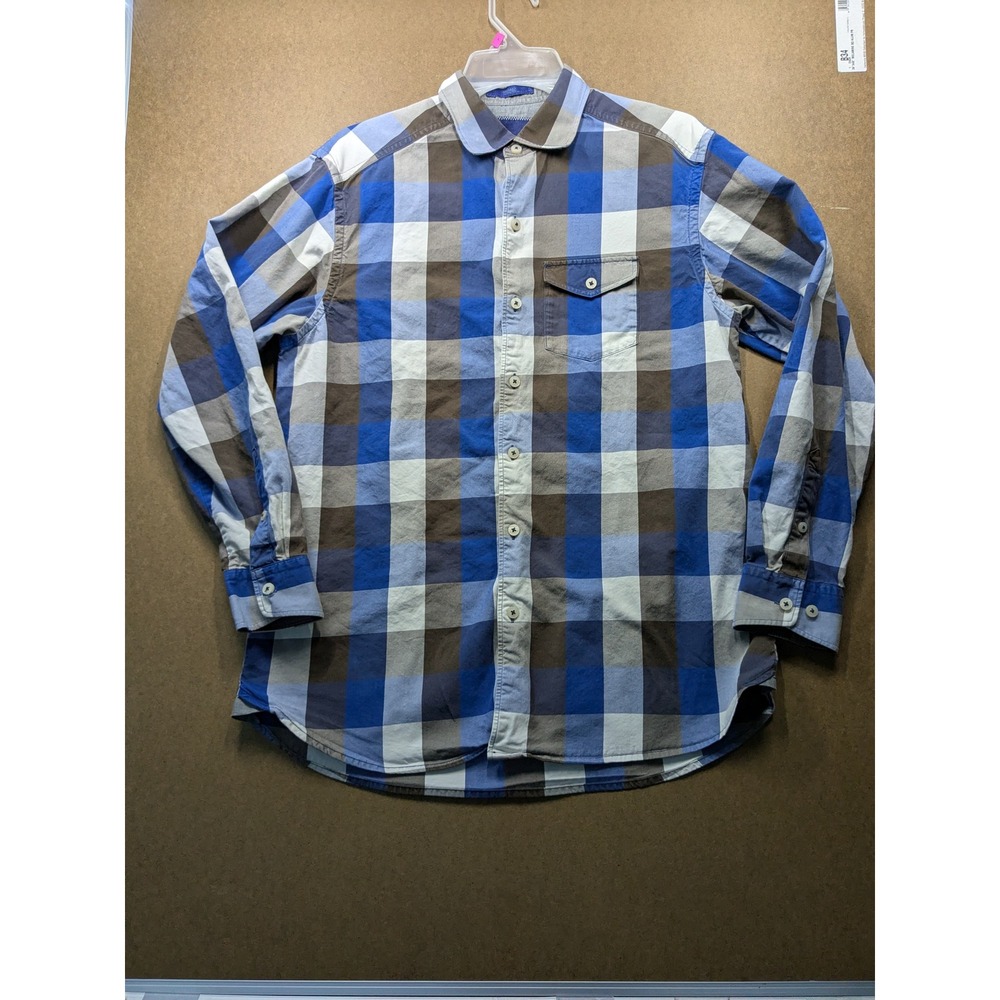 Tommy Bahama Mens Small Blue Plaid Cotton Silk Blend Long Sleeve Button Shirt